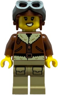 LEGO onderdeel Airplane Soapbox Race Car Driver (Pilot) - Female, Reddish Brown Aviator Jacket, Dark Tan Legs with Pockets, Aviator Cap, Dark Bluish Gray Goggles cty1844