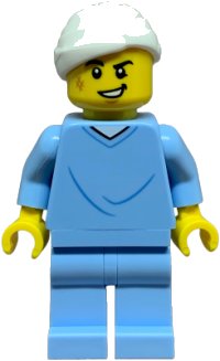 LEGO onderdeel Hospital Bed Soapbox Race Car Driver (Patient) - Male, Bright Light Blue Hospital Gown and Legs, White Head Bandage, Scuff Mark cty1845