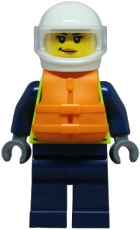 LEGO onderdeel Police - City Officer Female, Neon Yellow Safety Vest, Dark Blue Legs, White Helmet, Trans-Clear Visor, Orange Life Jacket cty1853