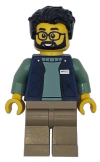 LEGO onderdeel Delivery Worker - Male, Dark Blue Bodywarmer over Sand Green Sweater, Dark Tan Legs, Black Hair cty1951