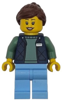 LEGO onderdeel Delivery Worker - Female, Dark Blue Bodywarmer over Sand Green Sweater, Bright Light Blue Legs, Reddish Brown Hair, Hearing Aid cty1952