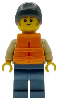 LEGO onderdeel Man - Tan Knit Cable Sweater, Orange Life Jacket, Sand Blue Legs, Dark Bluish Gray Beanie cty1955