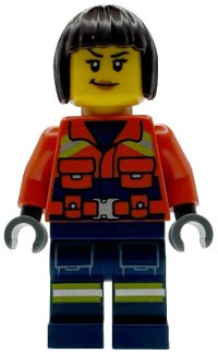 LEGO onderdeel Coast Guard City - Female, Reddish Orange Jacket with Pockets and Reflective Stripes, Dark Blue Legs with Pockets and Reflective Stripes, Dark Brown Bob Cut Hair cty1958