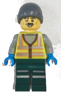 LEGO onderdeel Snowplow Driver - Male, Neon Yellow Safety Vest with Reflective Stripes, Dark Green Legs with Reflective Stripes, Gray Beanie cty1966