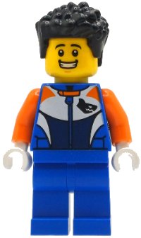 LEGO onderdeel Bike Racer - Male, Racing Suit with Shark Head Logo, Blue Legs, Black Hair Short cty1996