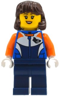 LEGO onderdeel Bike Racer - Female, Racing Suit with Shark Head Logo, Dark Blue Legs, Dark Brown Hair Mid-Length cty1997