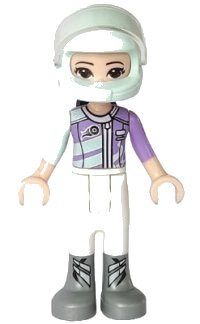 LEGO onderdeel Friends Emma - White Trousers, Light Aqua and Medium Lavender Racing Jacket, Light Aqua Racing Helmet with Black Ponytail frnd0261