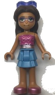 LEGO onderdeel Friends Layla - Medium Blue Skirt, Dark Pink Top with Metallic Pink Belt, Sunglasses frnd0503