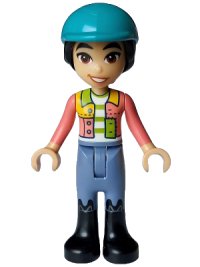 LEGO part Friends Liann - Coral Patchwork Jacket, Sand Blue Trousers, Black Boots, Dark Turquoise Horse Riding Helmet frnd0734