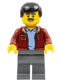 LEGO onderdeel Man, Dark Red Jacket with Bright Light Blue Shirt, Dark Bluish Gray Legs, Black Male Hair, Moustache hol271