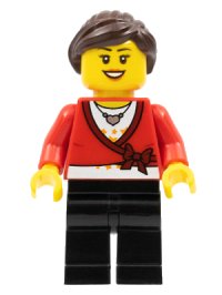 LEGO onderdeel LEGO Brand Store Female, Sweater Cropped with Bow, Heart Necklace, Black Legs, Dark Brown Hair with Ponytail tls088a