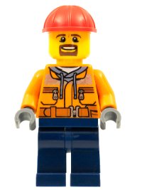 LEGO part Forklift Driver - Male, Orange Safety Jacket, Reflective Stripe, Sand Blue Hoodie, Dark Blue Legs, Red Construction Helmet, Goatee trn242