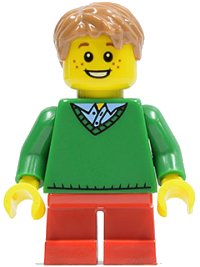 LEGO onderdeel Boy, Green V-Neck Sweater, Red Short Legs twn242