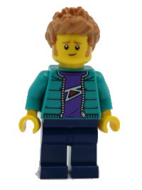 LEGO onderdeel Male with Purple Shirt, Dark Turquoise Jacket, Dark Blue Legs and Medium Nougat Hair twn390