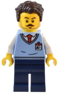 LEGO onderdeel Natural History Museum Employee - Male, Bright Light Blue Sweater Vest with ID Badge, Dark Blue Legs, Dark Brown Tousled Hair twn485