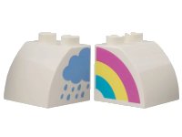 LEGO onderdeel Duplo, Brick 2 x 2 x 1 1/2 Slope Curved with Dark Pink, Bright Light Yellow, and Medium Azure Rainbow and Bright Light Blue Rain Cloud Pattern on Opposite Sides Model Left Side 11170pb16L