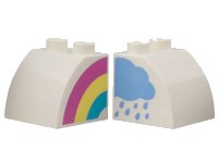 LEGO part Duplo, Brick 2 x 2 x 1 1/2 Slope Curved with Dark Pink, Bright Light Yellow, and Medium Azure Rainbow and Bright Light Blue Rain Cloud Pattern on Opposite Sides Model Right Side 11170pb16R