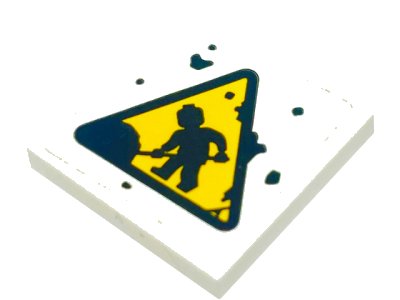 LEGO onderdeel Tile, Modified 2 x 2 Inverted with Warning Triangle Road Sign with Minifigure Worker Shoveling Pattern (Sticker) - Set 70423 (11203pb065)