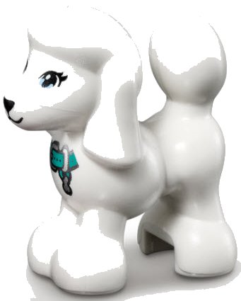 LEGO part Dog, Friends, Poodle with Bright Light Blue Eyes, Black Nose and Mouth, and Dark Turquoise Collar with Silver Buckle and Tag Pattern (11575pb04)