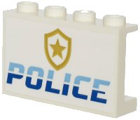 LEGO part Panel 1 x 4 x 2 con Soportes Laterales - Studs Huecos con Patrón Estampado 'POLICE' Azul Claro Brillante y Azul, y Logo Insignia Estrella Oro - Sets 60245 / 60246 14718pb028