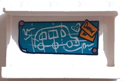 LEGO part Panel 1 x 4 x 2 with Side Supports - Hollow Studs with White Bus Drawing on Dark Turquoise Poster and 'David' on Sticky Notes Pattern (Sticker) - Set 41395 (14718pb055)