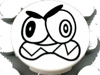 LEGO part Tile, Round 2 x 2 with Bottom Stud Holder with Black Large Eyes and Scowl with Sharp Teeth (Nixel Face) Pattern (14769pb006)