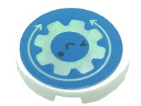 LEGO part Tile, Round 2 x 2 with Bottom Stud Holder with Arrows, Tooth Gear, Eyes and Smile on Dark Azure Background Pattern (Sticker) - Set 41366 14769pb462