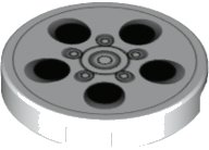 LEGO part Tile, Round 2 x 2 with Bottom Stud Holder with Alloy Wheel with Black and Silver Circles Pattern (14769pb512)