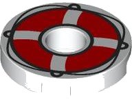 LEGO part Tile, Round 2 x 2 with Hole with Red Life Preserver with Black Loops and String Pattern 15535pb11