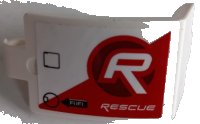 LEGO onderdeel Technic, Panel Curved 3 x 5 x 3 with 'RESCUE', 'FUEL' on Black Arrow, Fuel Inlet, and Hatch on Red and White Stripe Pattern Model Left Side (Sticker) - Set 42092 24116pb031l