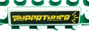 LEGO part Tile 1 x 4 with Yellow 'SuparTuner' on Black Background Pattern (Sticker) - Set 8681 (2431pb0234)