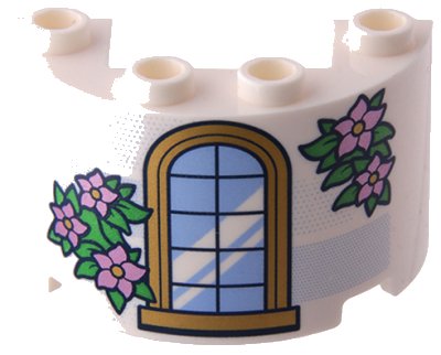 LEGO part Cylinder Half 2 x 4 x 2 with 1 x 2 Cutout with Gold Trim Window and Green Leaves with Metallic Pink Flowers Pattern (24593pb06)