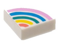 LEGO part Tile, Round 1 x 1 Quarter with Bright Pink, Dark Azure, Dark Turquoise, Yellow, and Coral Rainbow Stripes Pattern 25269pb029
