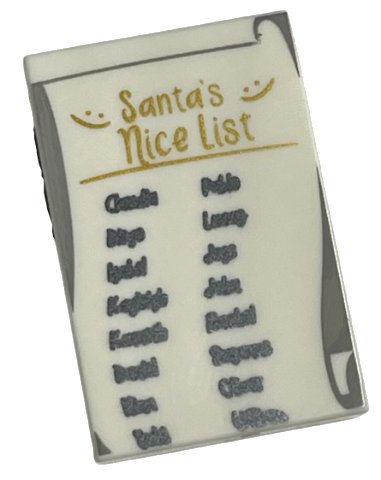 LEGO part Tile 2 x 3 with Gold 'Santa's Nice List' and Black Names Pattern (26603pb183)