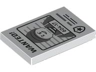 LEGO part Tile 2 x 3 with Black 'WANTED!' and Dark Bluish Gray Minifigure with '604-17' Pattern 26603pb388