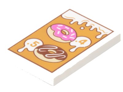 LEGO part Tile 2 x 3 with Dripping Icing, '.4' and '.5' Menu Prices, Tan Donuts / Doughnuts with Dark Pink and Reddish Brown Frosting on Medium Nougat Background Pattern (26603pb475)