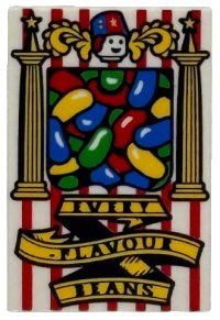 LEGO part Tile 2 x 3 with HP Bertie Bott's Beans Box with Green, Blue, Red and Yellow Jelly Beans, Pillars, Stripes and 'EVERY-FLAVOUR BEANS' on Banner Pattern 26603pb547
