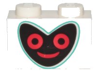 LEGO part Brick 1 x 2 with Black Heart Shape Face with Dark Turquoise Outline and Red Eyes and Mouth Pattern 3004pb190