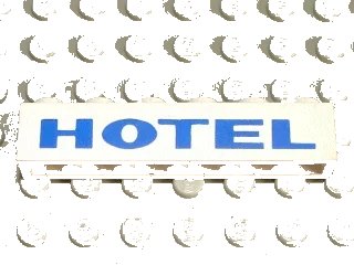 LEGO onderdeel Brick 1 x 6 with Blue 'HOTEL' Thick Pattern (3009pb009)
