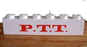 LEGO part Brick 1 x 6 with Red 'P.T.T.' Pattern (3009pb079)