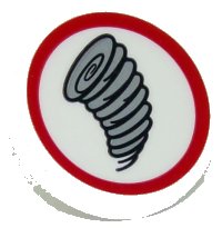 LEGO onderdeel Road Sign 2 x 2 Round with Clip with Tornado in Red Circle Pattern (Sticker) - Set 10261 30261pb036