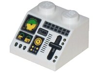 LEGO part Slope 45 2 x 2 with Aircraft Green and Yellow Horizon Indicator, Controls, Black Buttons, Silver Slider and Switches Pattern 3039pb045