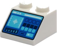LEGO part Slope 45 2 x 2 with Control Panel with Medium Azure and Dark Blue Buttons, Crosshairs, Bar Chart and Slot Pattern 3039pb140