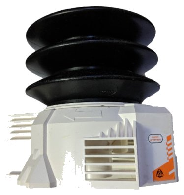 LEGO part Pneumatic Aero Tube Air Pump 16 x 14 x 13 with Orange Stripes and 'PUMP STATION' Pattern on Both Sides (Stickers) - Sets 7690 / 7691 (30584c01pb01)
