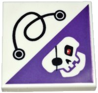 LEGO part Tile 2 x 2 with String and Dark Purple Triangle with Skull with Eye Patch and Red Eye Pattern 3068pb0394