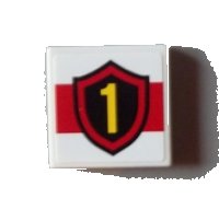 LEGO part Tile 2 x 2 with Yellow Number 1 Fire Logo Badge on Red Stripe Pattern (Sticker) - Set 60004 3068pb0632
