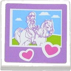 LEGO part Tile 2 x 2 with Hearts and Friends Horse and Rider Pattern (Sticker) - Set 3185 (3068pb0783)