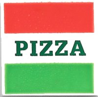 LEGO part Carreau 2 x 2 avec motif rayures rouge et vert et 'PIZZA' vert foncé (boîte à pizza) 3068pb1045