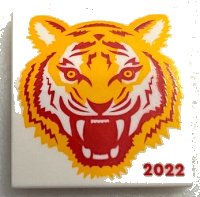 LEGO part Tile 2 x 2 with Bright Light Orange and Red Tiger Head and '2022' Pattern (BAM) 3068pb1891