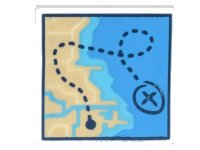 LEGO part Tile 2 x 2 with Map of Coastline with Tan Land, Dark Azure and Medium Azure Water, and Dark Blue Dotted Line with 'X' Pattern 3068pb2011